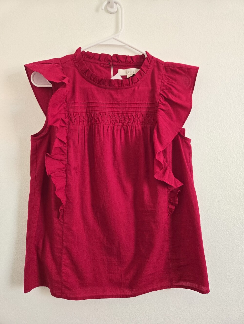 NWT LOFT Magenta Ruffled Sleeve Smocked Yoke Top